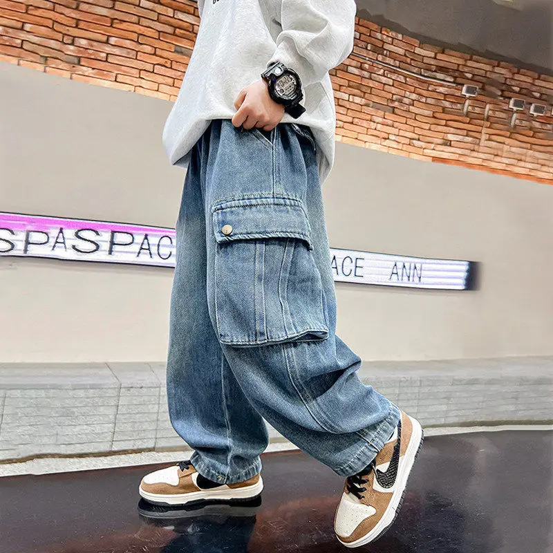 Autumn School Boys Casual Cargo Jeans With Pocket Loose Style Teenage Child Denim Pants High Fashion Kids Jeans Trousers 5-14 Y