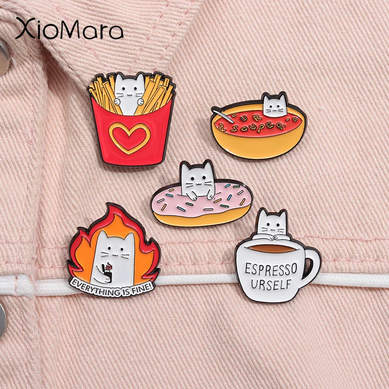 Espresso Urself Enamel Pins Creativity Cat Donut French Fries Soup Brooches Lapel Badge Cartoon Jewelry Gifts Wholesale