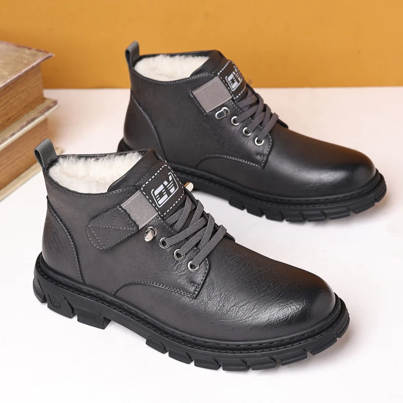 leather boots men anti-skid thick cotton snow boots Male fashion non-slip warm shoes winter Outdoor cold-proof footwear