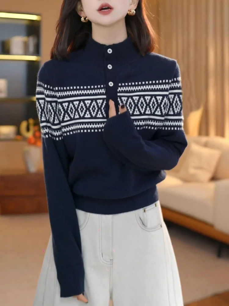 Half High Collar Baggy Knitted Sweater Women's Casual Korean Fashion Bottom Pullovers Button Soft Long Sleeved Knitwear Sueter