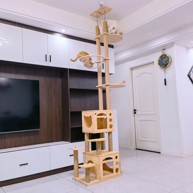 إطار تسلق القطط، عمود Tongtian مزدوج من الخشب الصلب المتكامل، منصة القفز على شكل شجرة القطط، لعبة القطط، مخالب الطحن