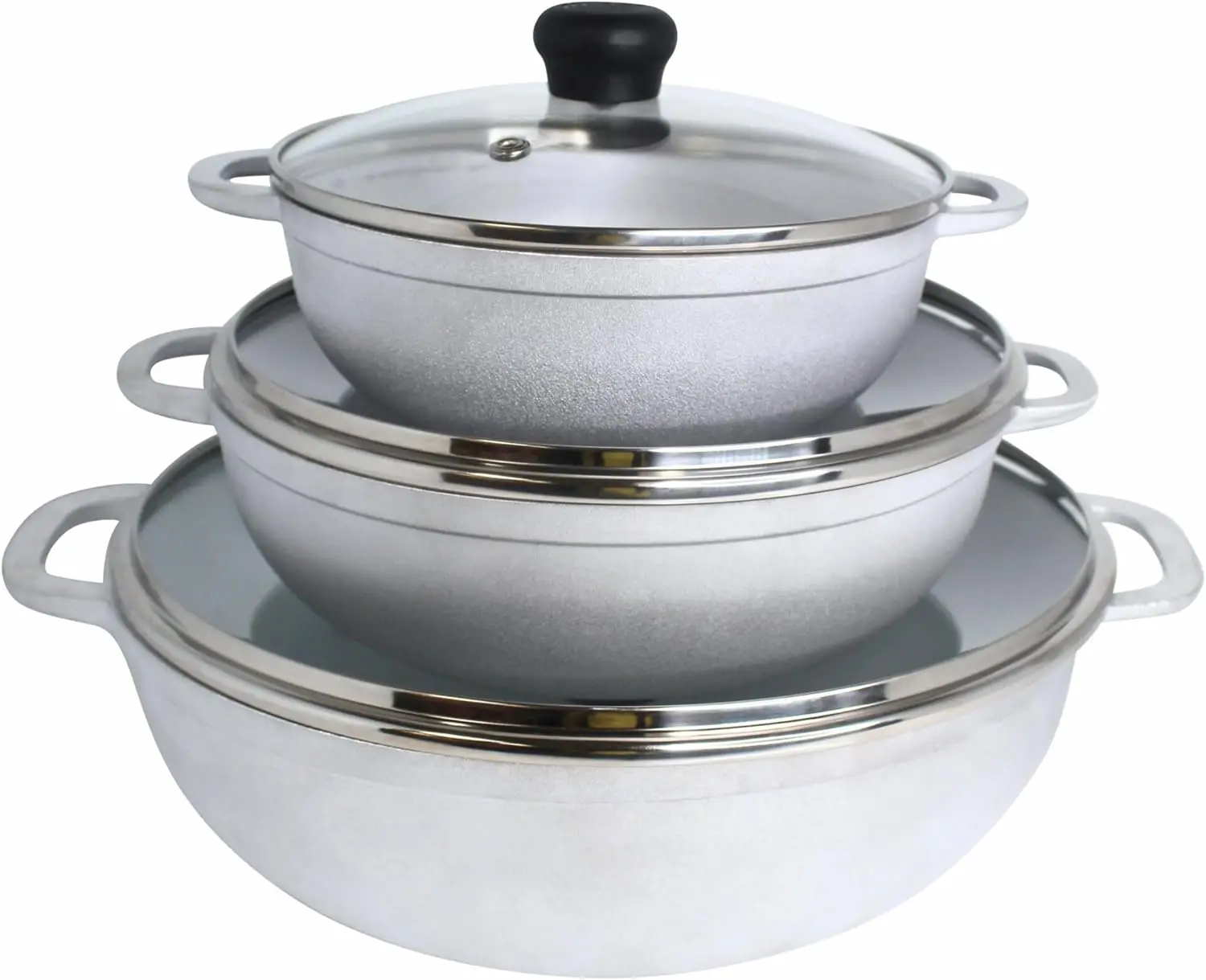 3-teiliges Caldero-Set aus Aluminiumguss mit Glasdeckeln, 1,5/2,5/5,2 qt Kapazität, genietete Griffe für vielseitiges Kochen