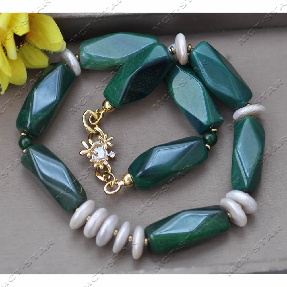 MCT·STAR  21'' 40mm Green Faceted Pillar Agate White Coin Pearl Necklace CZ Custom Jewelry （Z13979 ）