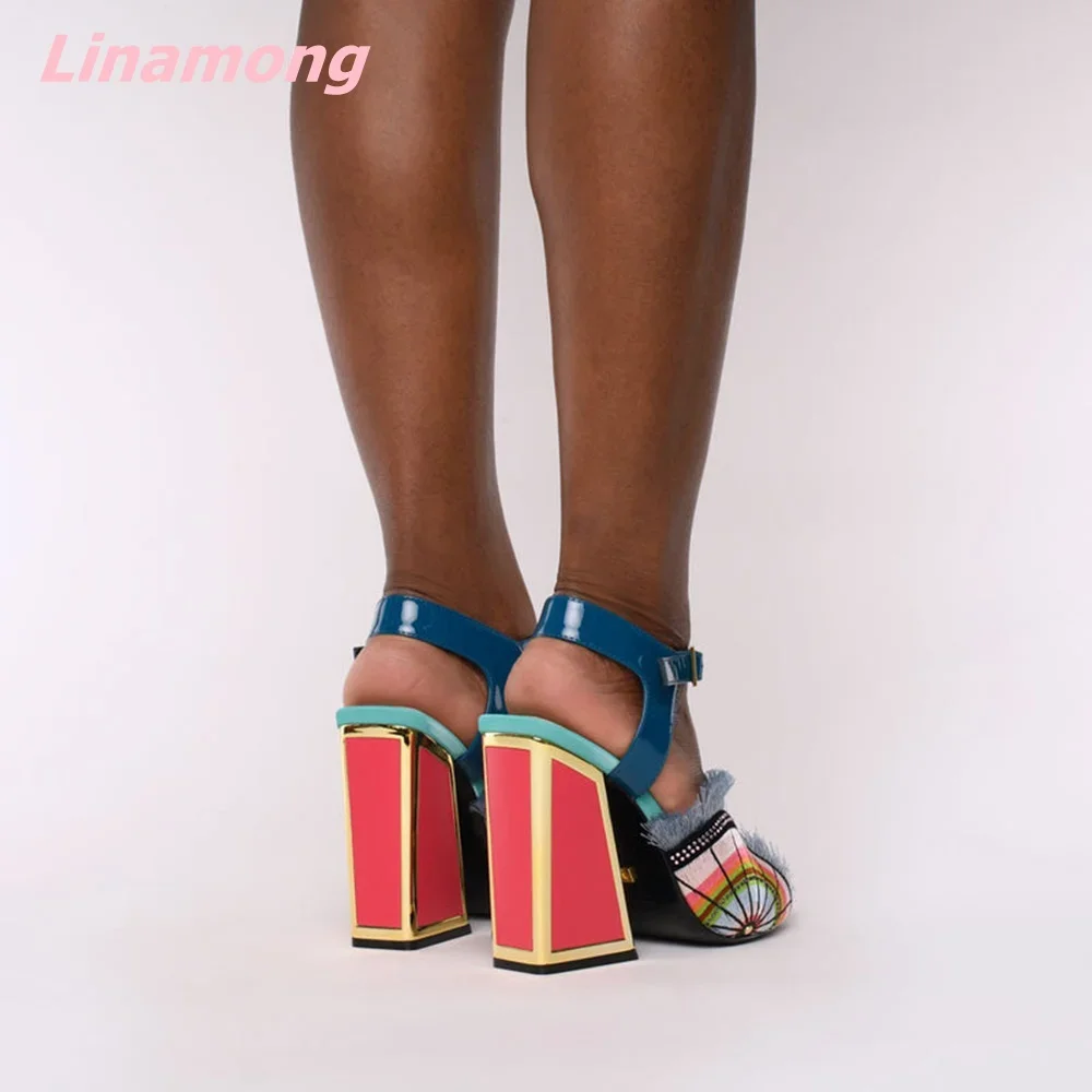 2024 Multi-color Stitching Women Sandals Genuine Leather Novelty Silk Spike Heels Open Toe Buckle Strap Comfortable Hottest