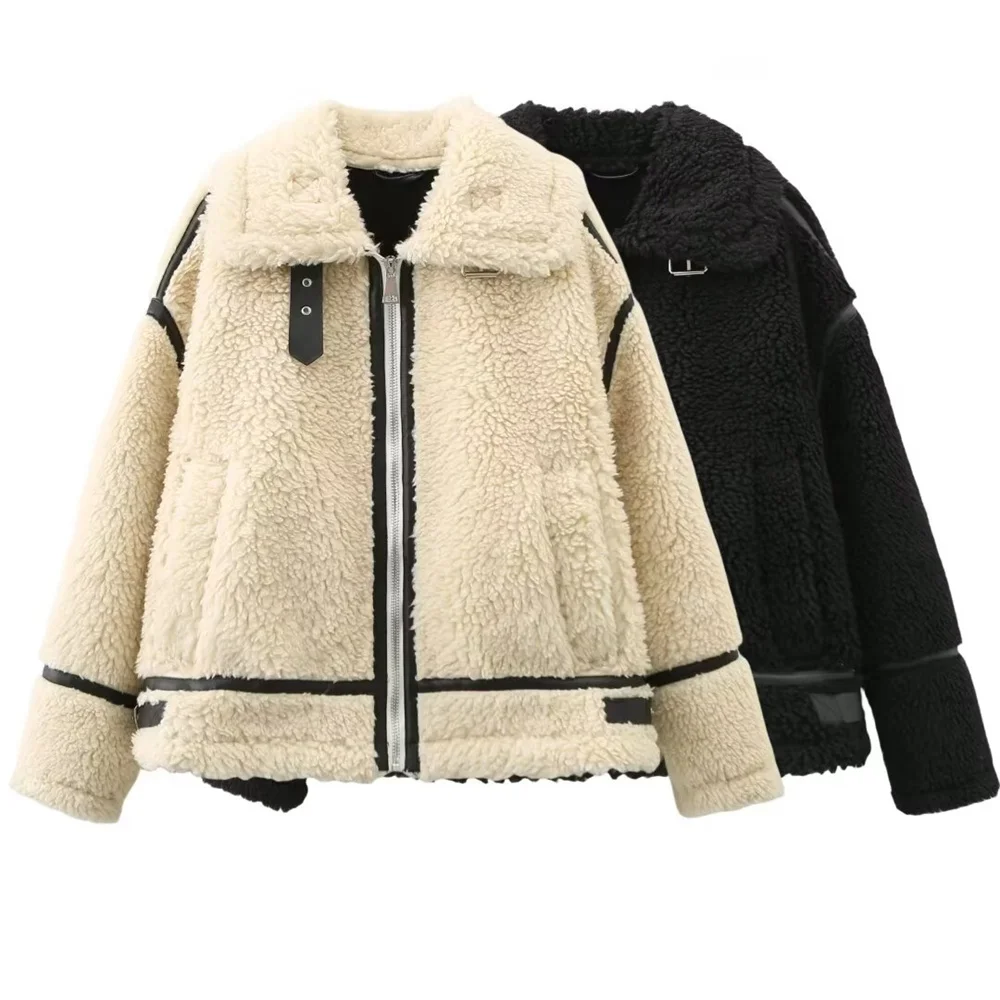 TRAF 2024 Autumn New Product Women\'s Wear Color Contrast Splicing Fleece Fur Integrated Lamb Fleece and Velvet Coat