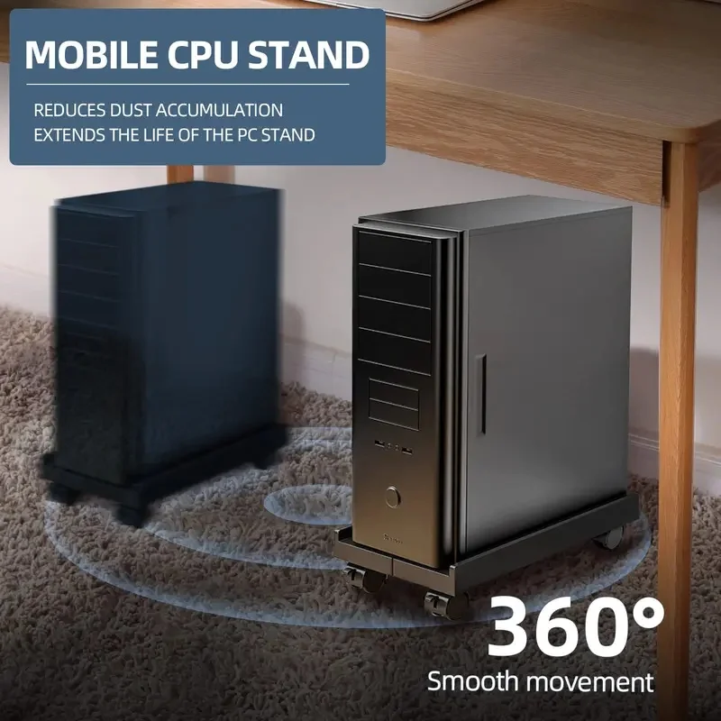 Adjustable Ventilated PC Tower Stand With 4 Caster Wheels Mobile Computer Holder Space Saving Under Desk Bracket
