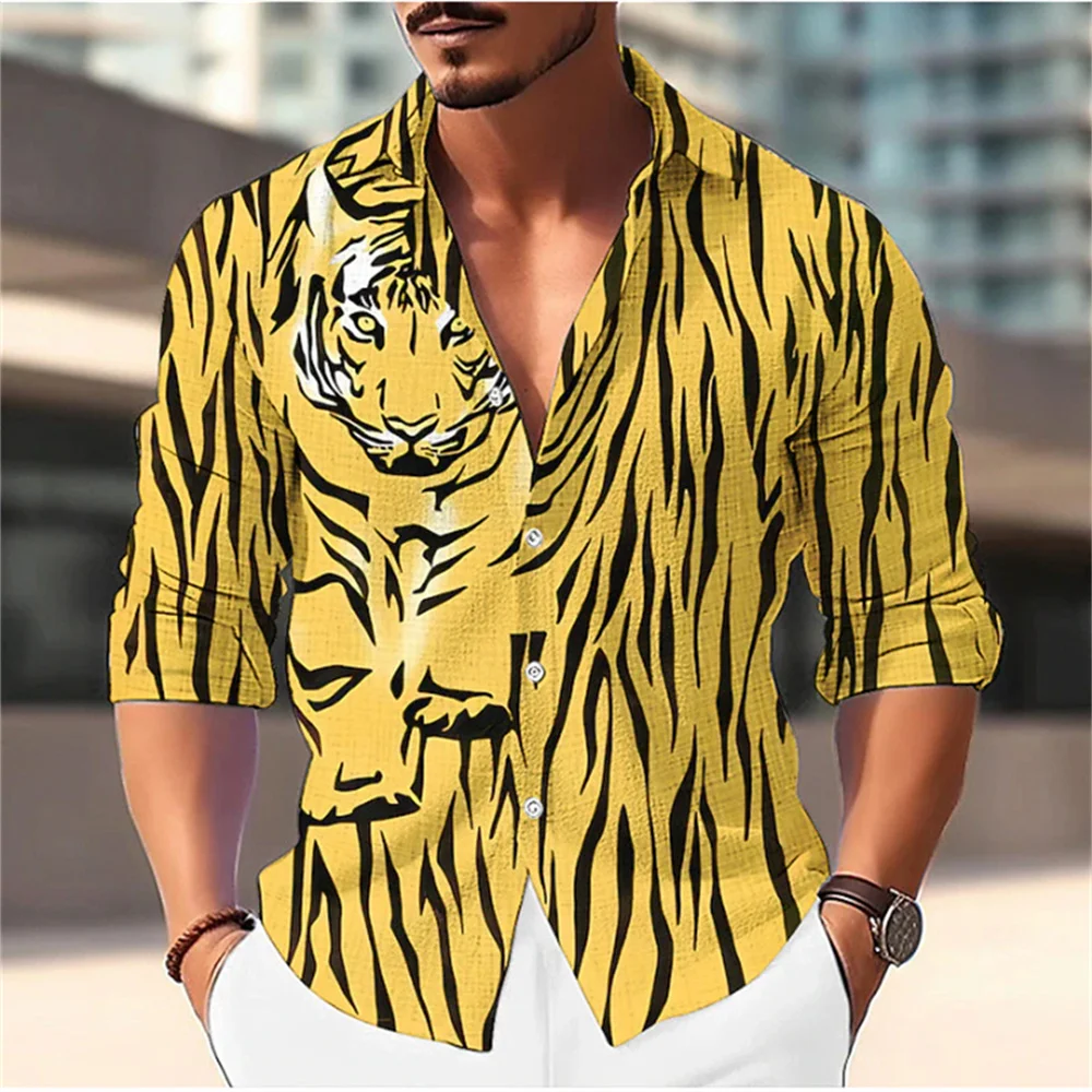 

New Solid Tiger Print Pattern Polo Neck Shirt Fashion Designer Men's Street Long Sleeve Top Comfortable Soft Material 2023