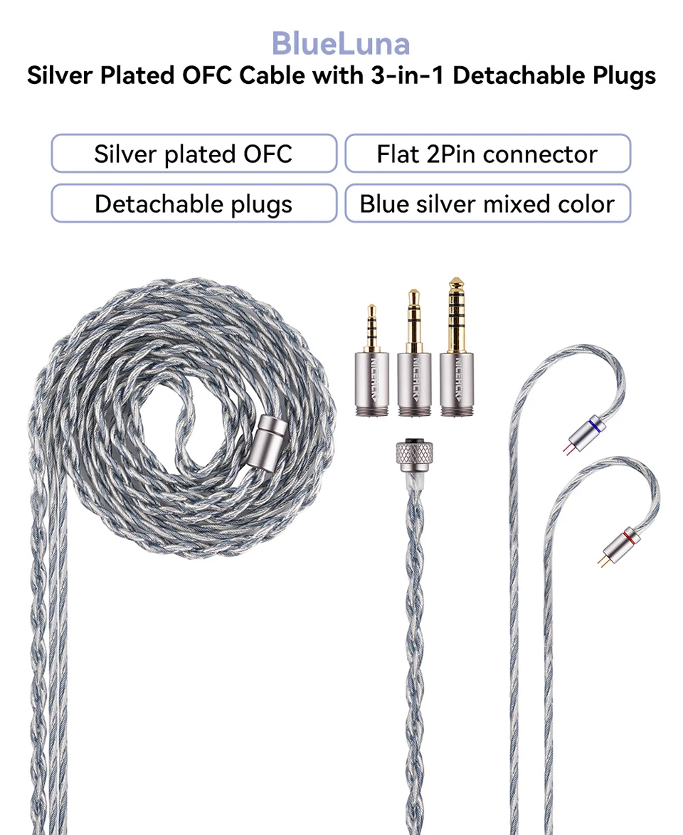 NICEHCK BlueLuna versilberte OFC flache 2-polige HiFi-Kopfhörer-Upgrade-IEM-Kabel 3-in-1 abnehmbare Stecker für HIMALAYA NX8 DaVinci – Detail 1
