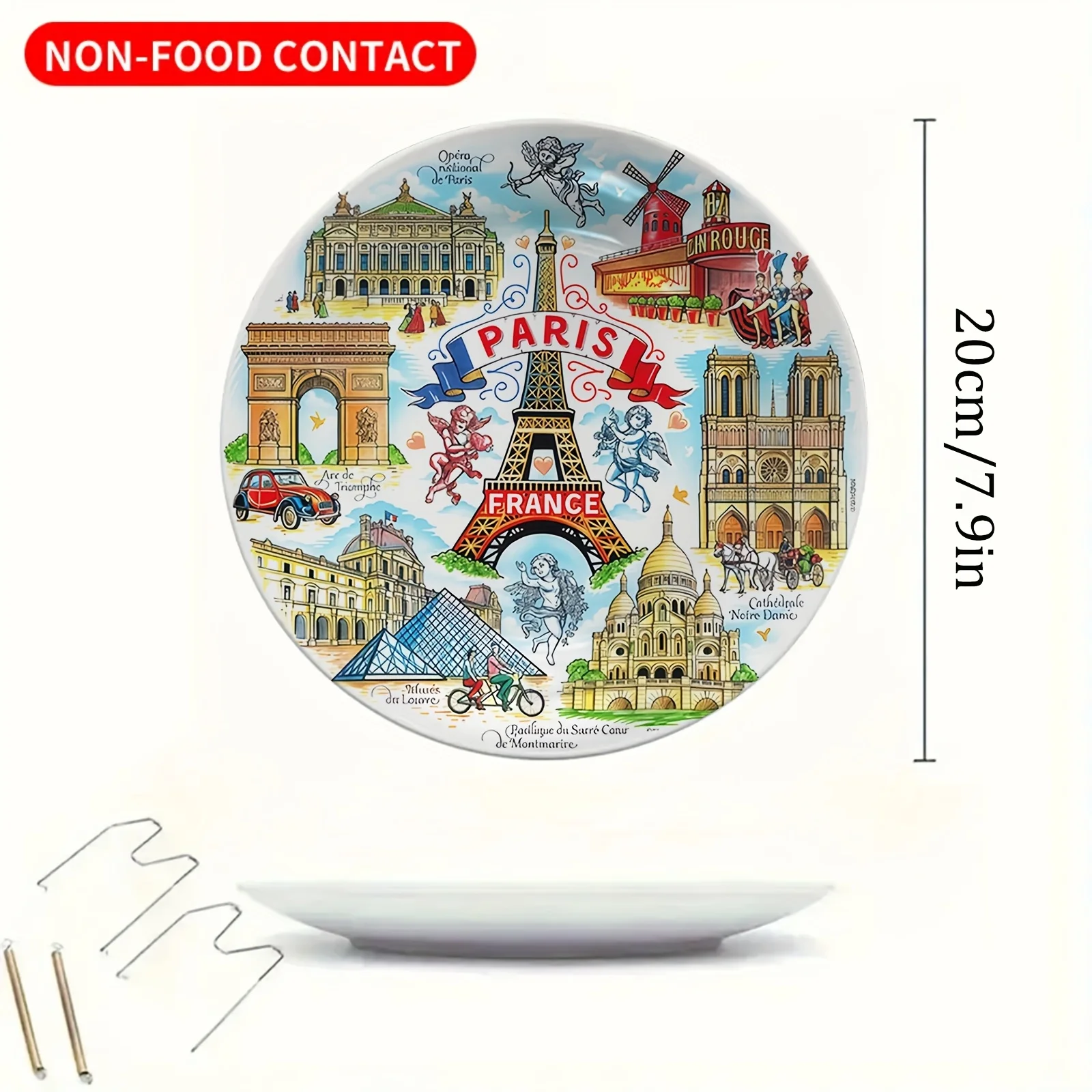 One-Piece Decorative Plate Featuring Elements of The Eiffel Tower, Moulin Rouge, And Notre Dame, Designed As a Non- Contact