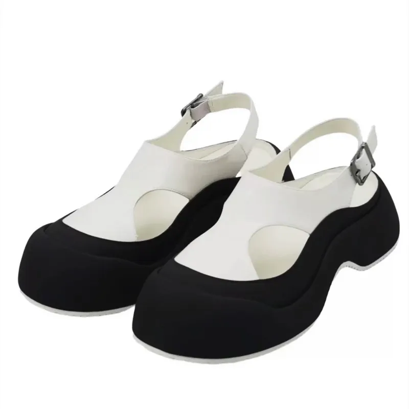 

Thick-soled Women's Sandals 2025 New Style Genuine Leather One-button Roman Women's Sandals Height-increasing Beach Shoes