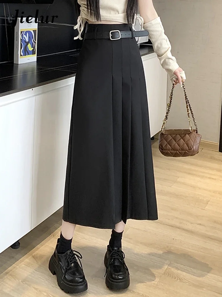 Jielur Fashion Spring Korean Pleated Grey Women Skirts Slim High Waist Simple Solid Color Female Skirts Basic Casual Office Lady
