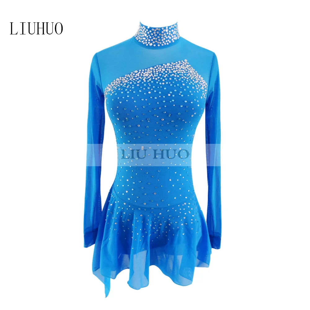 

LIUHUO платье для фигурного катания на льду, женский костюм для соревнований для девочек, купальник для подростков, танцевальный купальник с длинными рукавами, синий роликовый костюм для взрослых