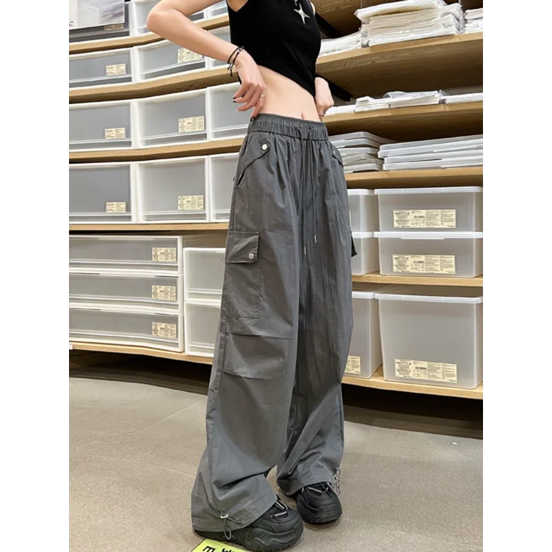Black Quick-drying Work Clothes for Women in Spring and Autumn Ice Tow Feet Multi-pocket Charge Climbing Wide-leg Sports Pants