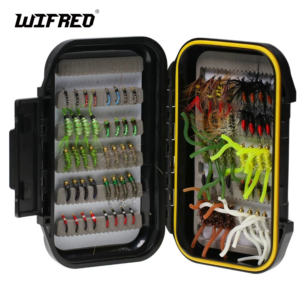 

Wifreo 80pcs Trout Nymph Fly Dry/Wet Flies Brass Bead Head San Juan Worm Trout Fishing Lures Artificial Bait with Waterproof Box