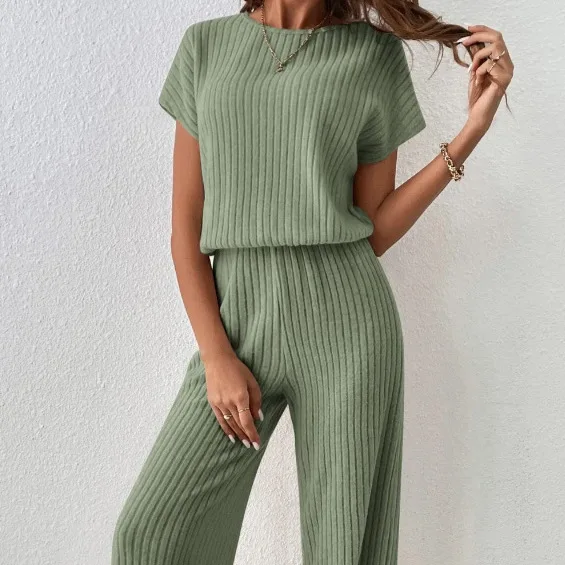 2024 New Two Piece Set Women Outfit Summer Casual Short Sleeve T-Shirt Long Pants Solid Color Suits Loose Sport Matching Sets