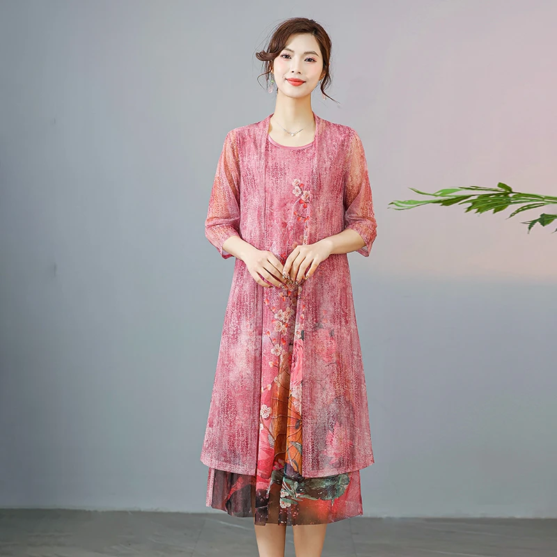 하이 엔드 여성 긴 쉬폰 드레스 봄 여름 인쇄 레이스 드레스 여성 우아한 가짜 투피스 드레스