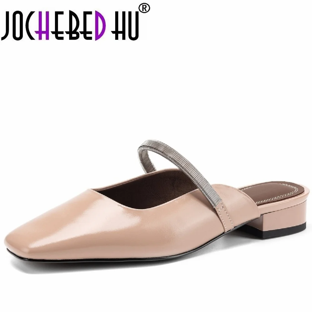 JOCHEBED HUNew Summer Women Handmade Genuine Leather Comfortable breathable Squared Toe med Heel Cover Toe Shallow 34-41