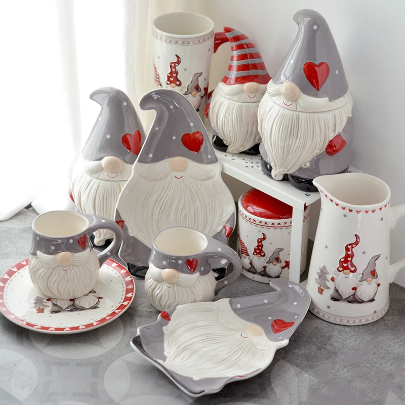 Christmas Emboss Santa Claus Ceramic Storage Jars Ins Popular Handpainted Under Glazed 27.4cm Plates 400ML Mugs