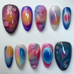 10 Pcs Handmade Manicure Medium Almond Fake Nails Purple Planet Limited Nails Press On Nails Design with Adhesive Nail File Set