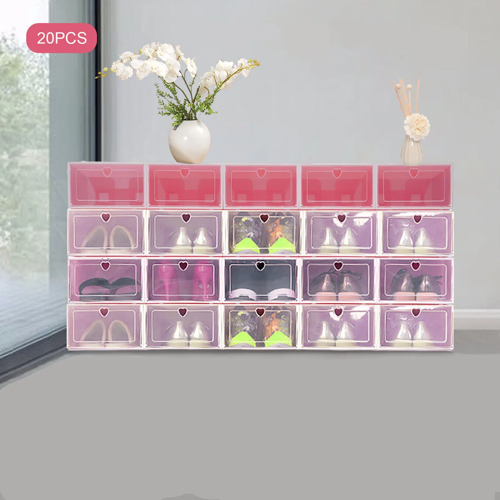 20PCS Pink Shoe Box Storage Organizer Plastic Cabinet High Transparent Sneakers Dustproof Decorative Box Stackable Space-saving