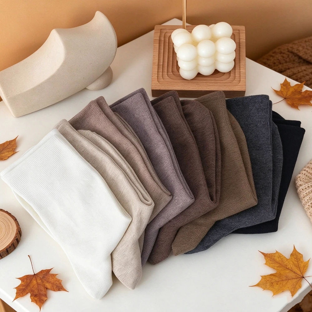 4 Pairs of Random Women's Autumn and Winter Solid Color Round Neck Socks Soft and Comfortable Suitable For Women's Daily Wear