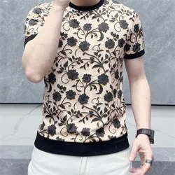 2024 Summer Thin Round Neck Men's T-shirts Retro Flower Jacquard Casual Elastic Tshirts Breathable Social Tee Tops Men Clothing