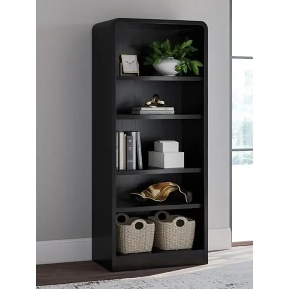 Modern 5-Tier Black Bookcase Adjustable Shelves Hardwood & Oak Veneer Space Saving Storage Solution