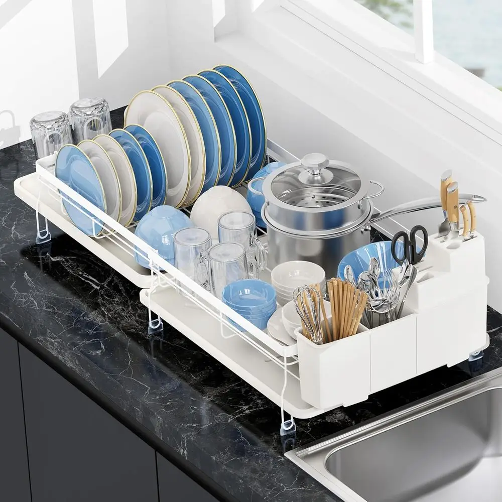 

Expandable Dish Drying Rack,Multiunctional Adjustable Dish Drainer with Swivel Spout and Anti-Rust Dish Rack with Removable Cutl