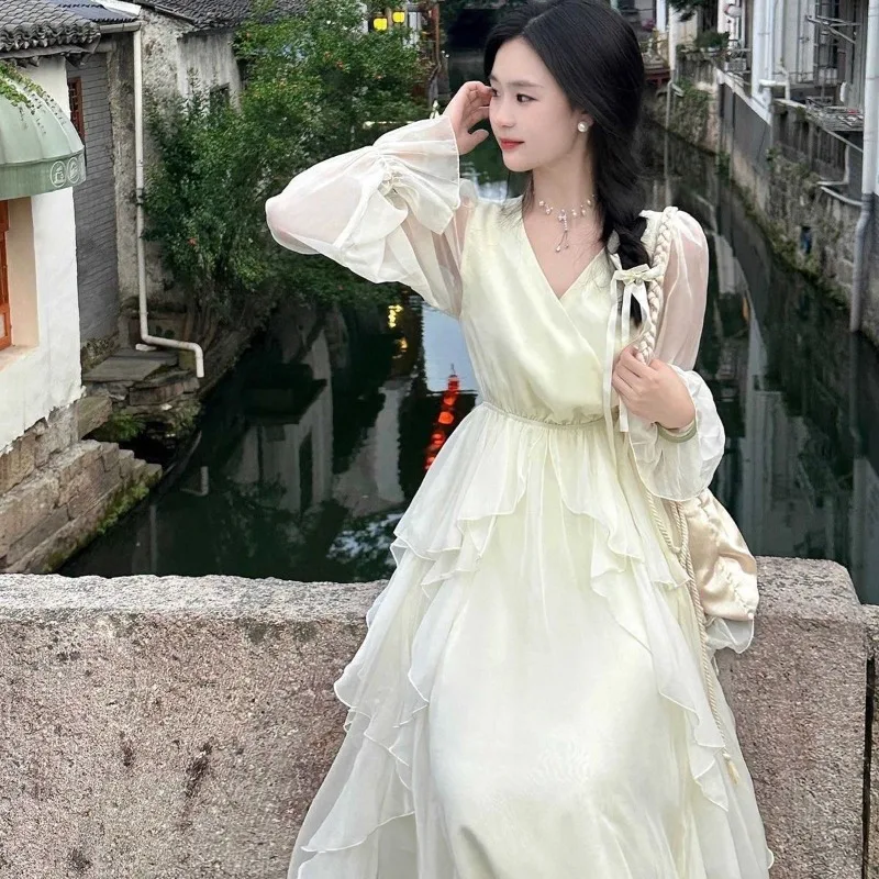 2026 Spring/summer Women's New Milky White French First Love Long Skirt Fairy Skirt Gentle Style V-neck Slimming Drape Dress
