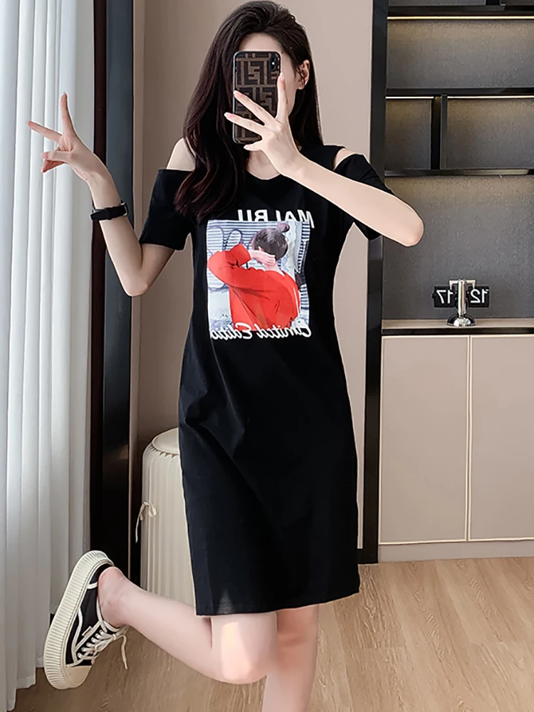 Summer Black Print Chic Off Shouler Sexy Midi Dress Women Korean Vintage Festival Dress 2025 Elegant Bodycon Luxury Party Dress