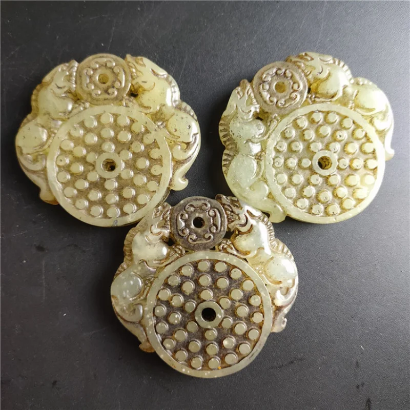 Antique Jade Natural Aged Crafts Xiu Jade Double Pixiu Jade Ring Pendant Hanging Ornament Handheld Piece Wholesale