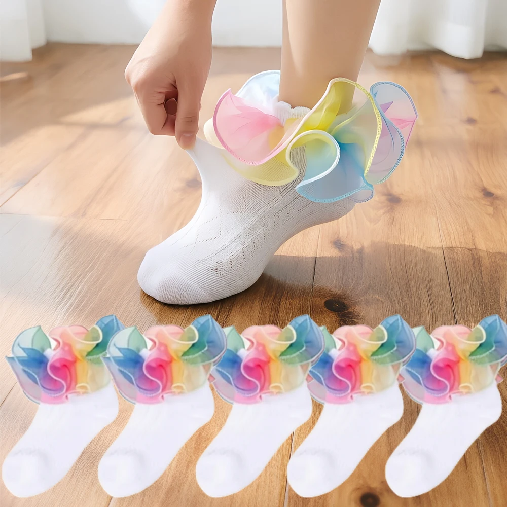 1/5/10 Paar Baby Mädchen Kindersocken Tanzende Regenbogen-Spitze Rüschen Prinzessin Mesh Kinder Knöchelkurze Atmungsaktive Baumwollsocken