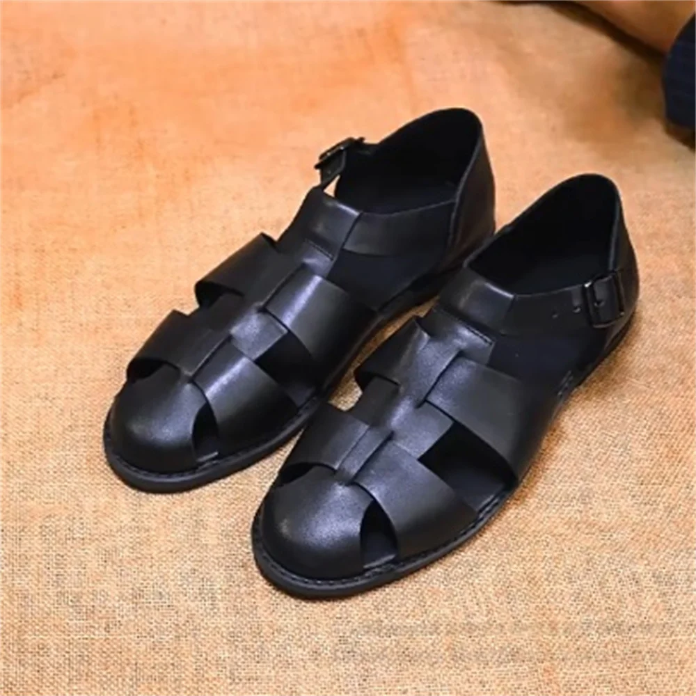 

Summer Men's Roman Sandals Genuine Leather Business Breathable Hollow Toe Leather Sandals Trendy Casual Buckle Strap Shoes
