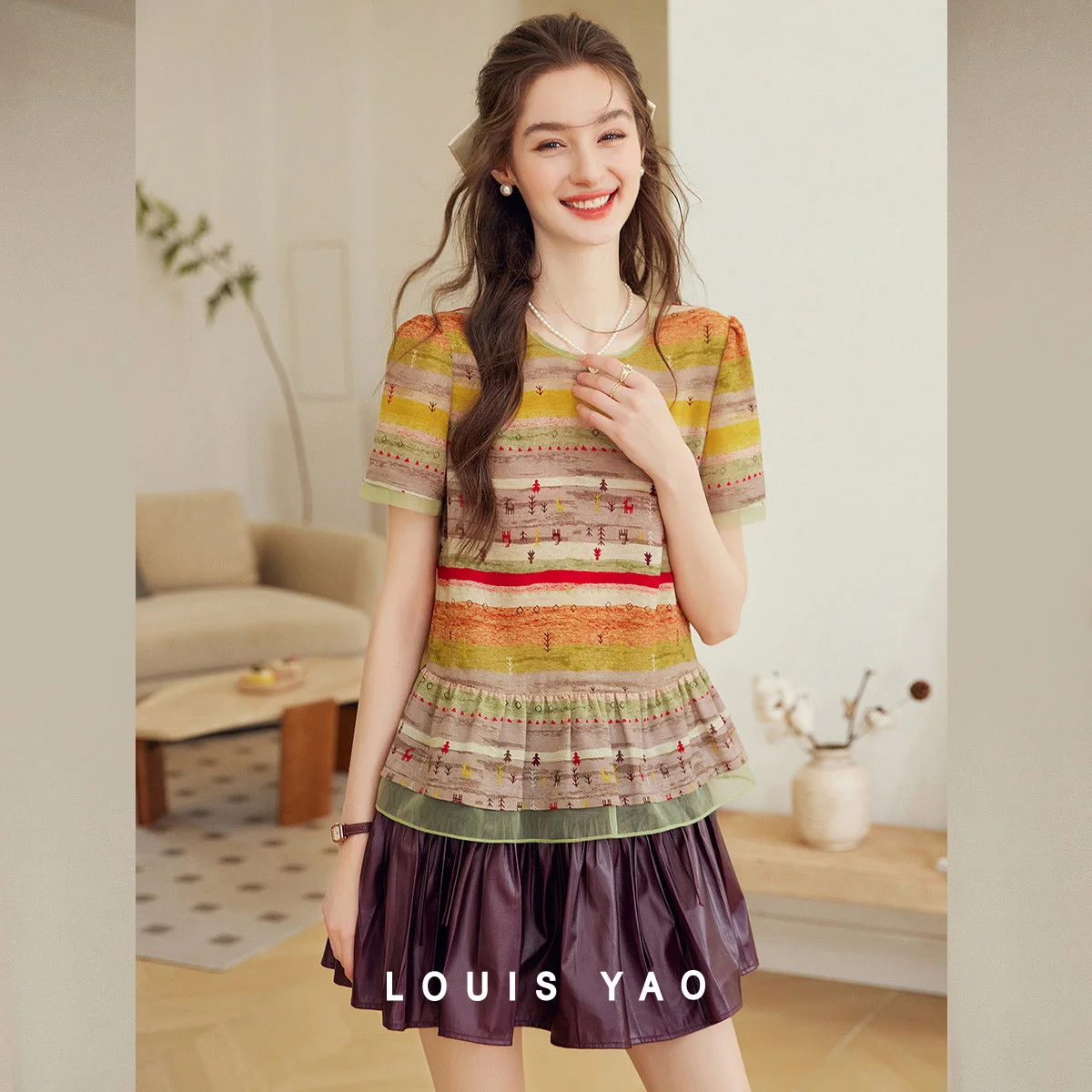 

Printed Flounced Edge Women's Blouse Stripe Design Sense Splice Pullover Short Sleeve Shirt Tops Female Clothing Summer 2025