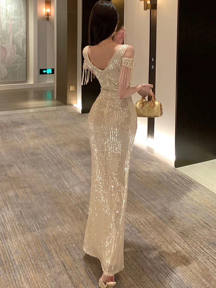 Femmes nouveau gland manches courtes paillettes col en v luxe longue robe été élégant robe moulante 2025 coréen Vintage fête robes