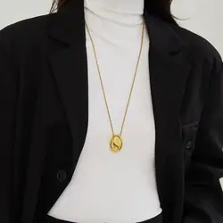 European and American Fashion Oval Pendant Stainless Steel Long Necklace For Women's Sweater Chain Colorless Jewelry Accessories