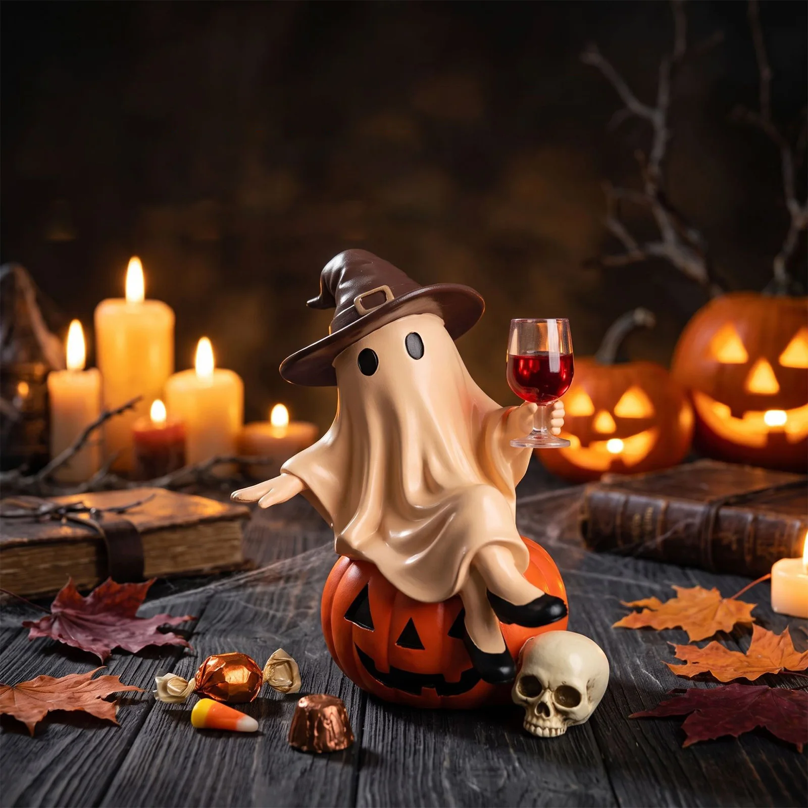 Ghost Wine Night Halloween Decor, Spooky Witch Figurine Sitting on Pumpkin with Wine Glass, Vintage Bar Tabletop Resin Ornament