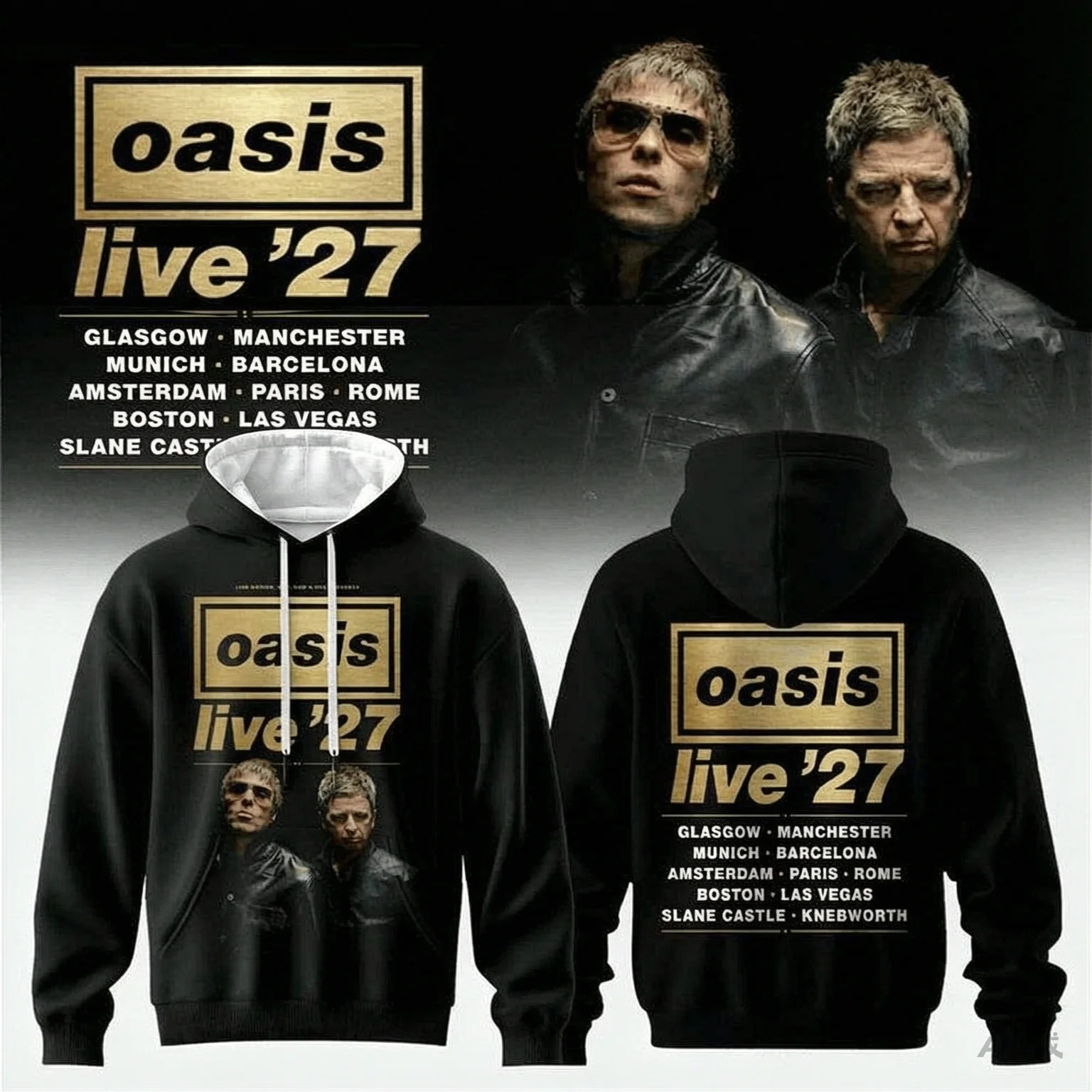 2026 Oasis Live '27 World Tour Hoodie Double Sided Print Noel Liam Portrait Unisex Hooded Sweatshirt Rock Band Fan Merch Tops
