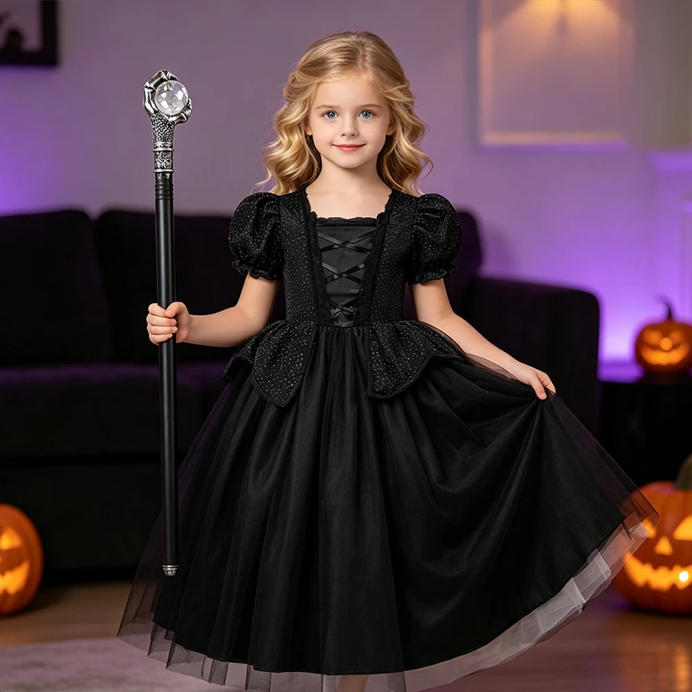 Schwarzes Hexen-Cosplay-Kleid für Mädchen, Kinder-Halloween-Kostüm, Böse-Königin-Verkleidung, Dunkles Thema, Geburtstags-Rollenspiel-Partykleid – Detail 9