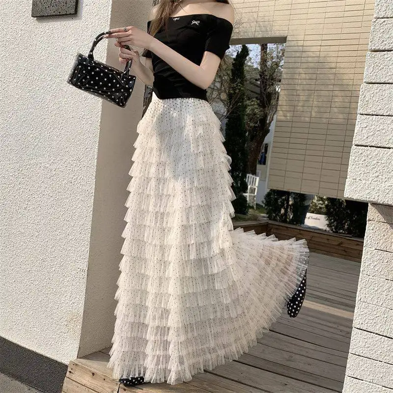 Spring Sweet Cake Skirt Half-length Multi-layer Ruffle Splicing Polka Dot Tulle Long A-line Skirt Women's Casual High-waist P...