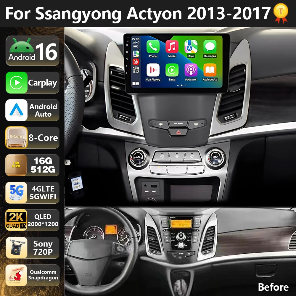 Qualcomm Android 16 For SsangYong Korando 3 Actyon 2 2013 - 2017 2K QLED Car Radio Multimedia Video Player GPS 4G CarPlay Auto
