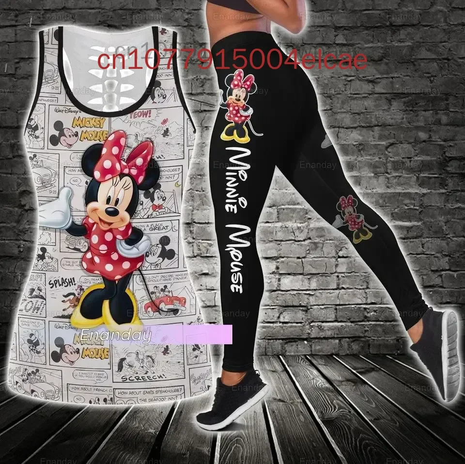 Minnie Mickey Women's Hollow Vest Women's Leggings Yoga Suit Fitness Leggings Sports Suit Disney Tank Top Legging Set Outfit