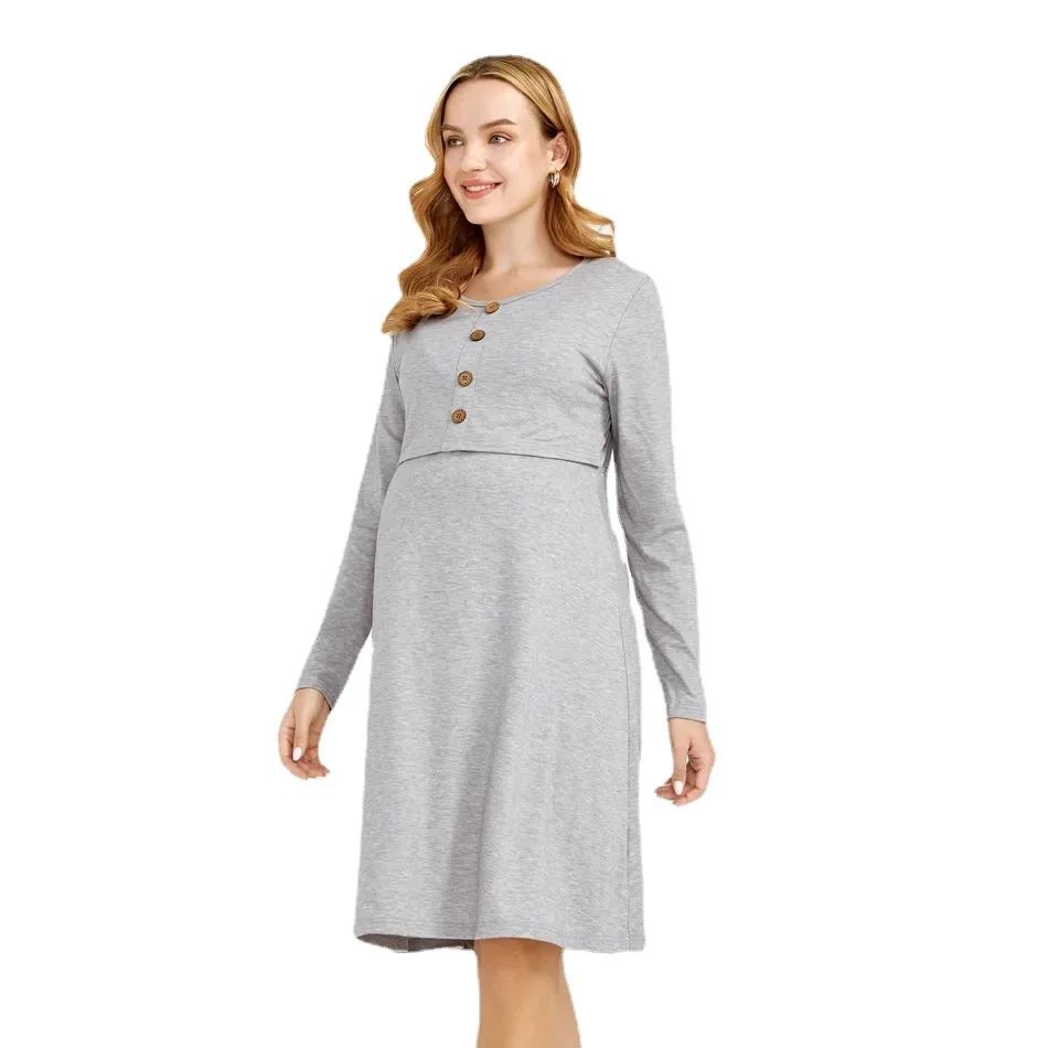 Summer Women\'s Solid Color Maternity Long-sleeved Dress Comfortable Beathable Round-neck Fashionable Breastfeeding Dress