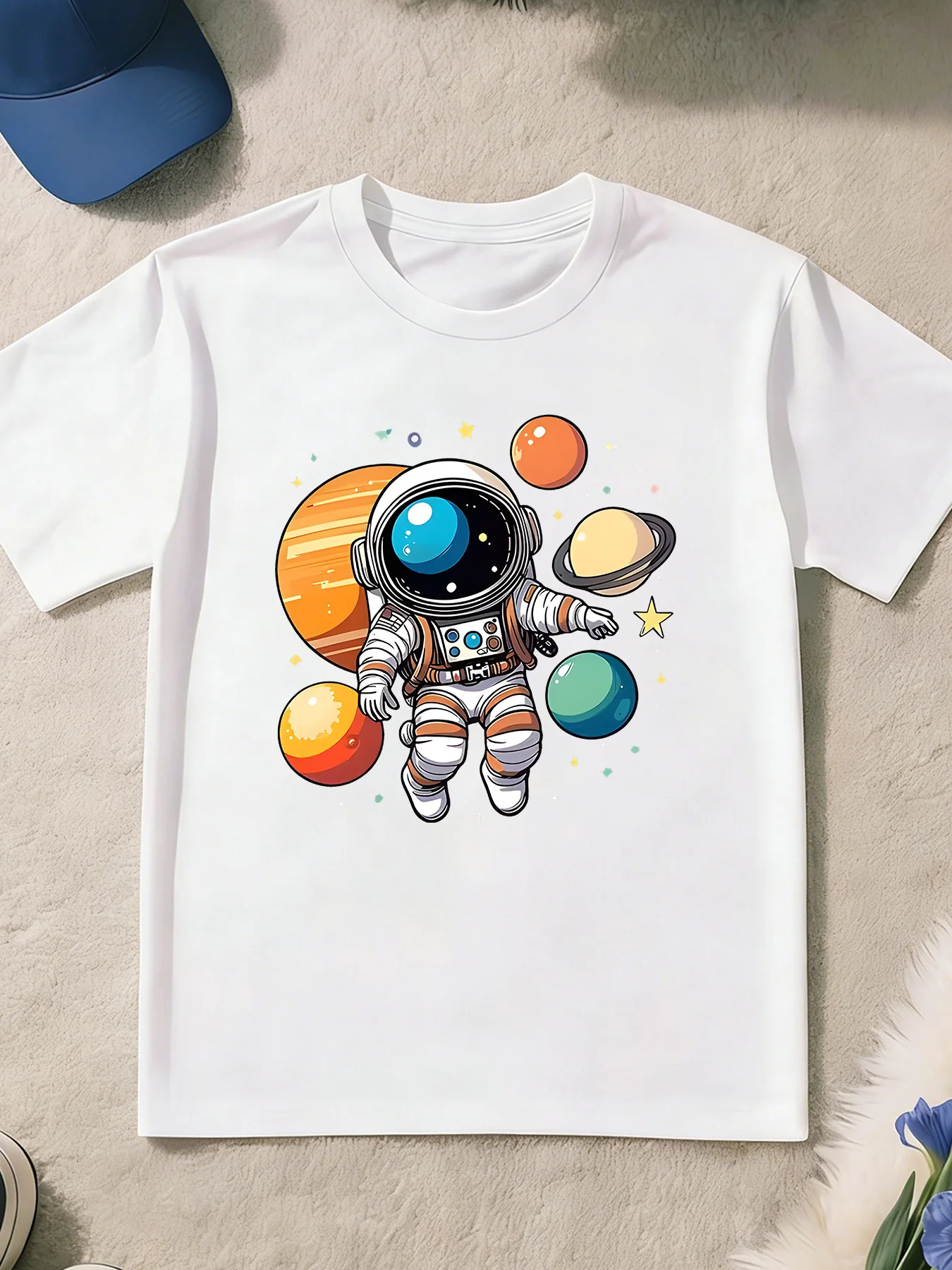 Cute Floating Astronaut Planets Cartoon Print T Shirt Boys Girls Space Short Sleeve Tee Family Matching Kids Cotton Tops