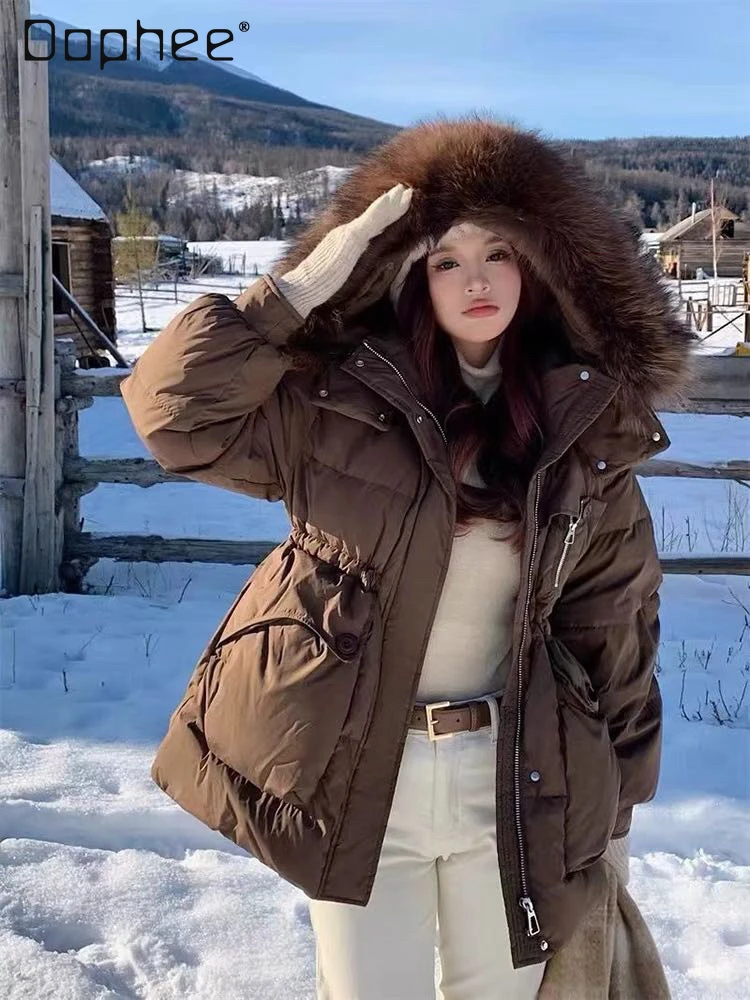 

Heavy Industry Big Fur Collar Down Jacket Women Short Korean Fashion Solid Color Versatile Loose Drawstring Slim Winter Coat