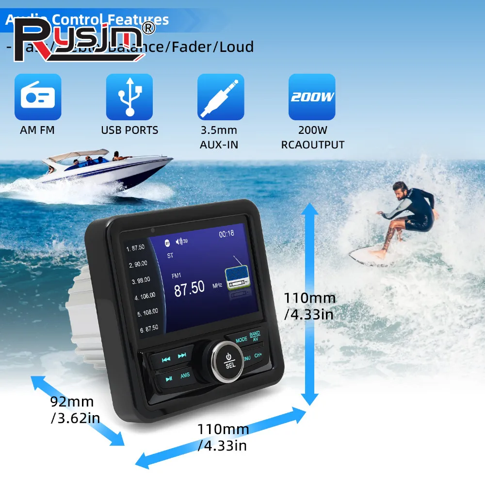 

Square Radio MP5 Stereo Bluetooth-compatible FM AM Multimedia Player Waterproof Boat Radio for ATV UTV Boat Marine Yacht RV