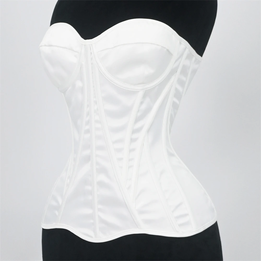 Women White Satin Corset & Bustier With Cups Vintage Overbust Strapless Back Lace Up Boned Bodices Slimming Shaper Wedding Tops