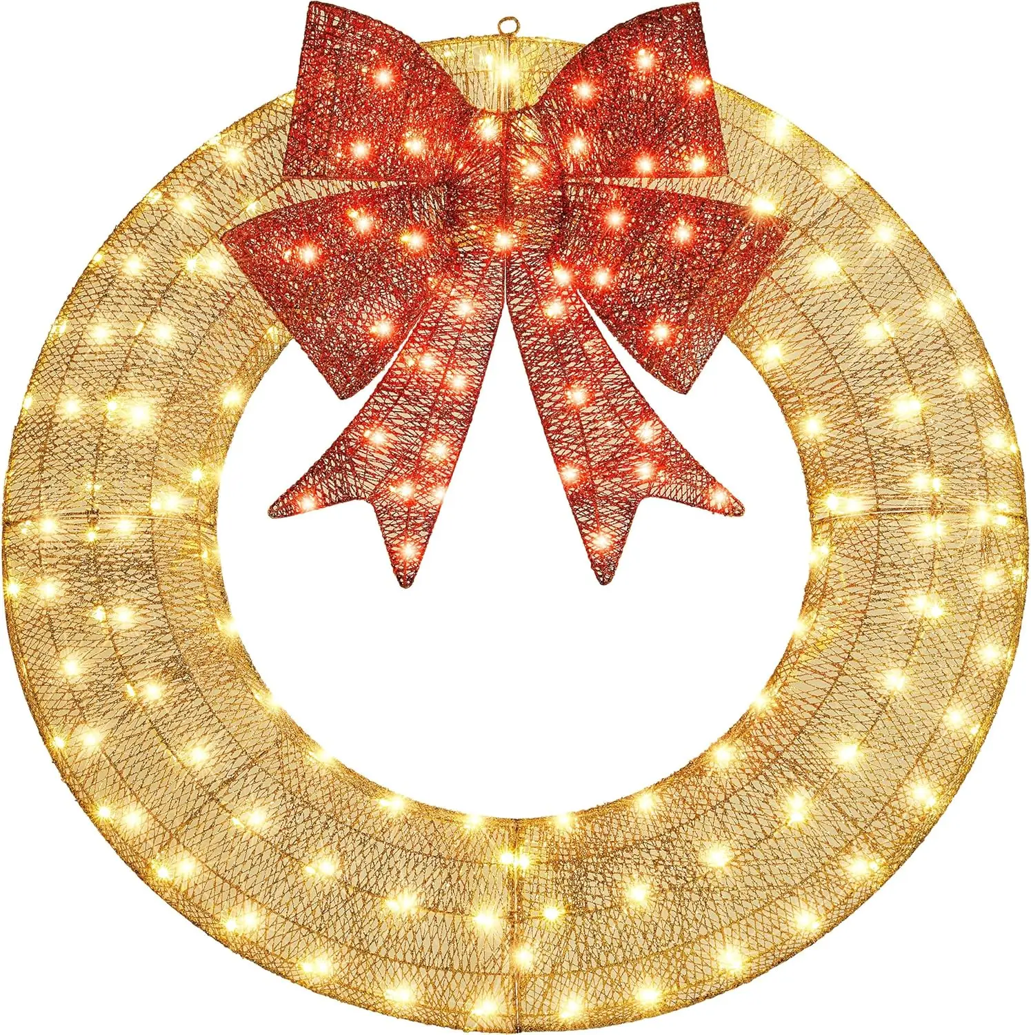 48in Large Christmas Wreath, Pre-Lit Outdoor Christmas Wreath Decoration w/ 140 Lights, Bow, LED Metal Holiday Decor