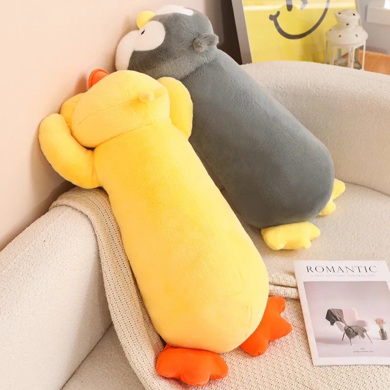 Juguete de Peluche de pingüino tumbado de gran tamaño, Animal relleno suave, pato amarillo, cojín para sofá, Peluche Kawaii, decoración de habitación, regalo de cumpleaños