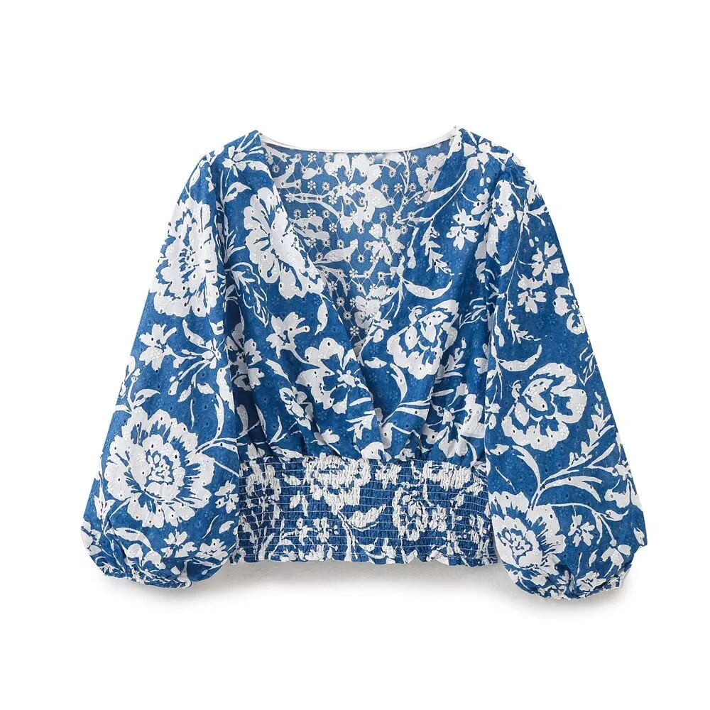 Camisa feminina de manga comprida com decote em V, novo estilo de verão, top curto estampado com cintura bordada vazada